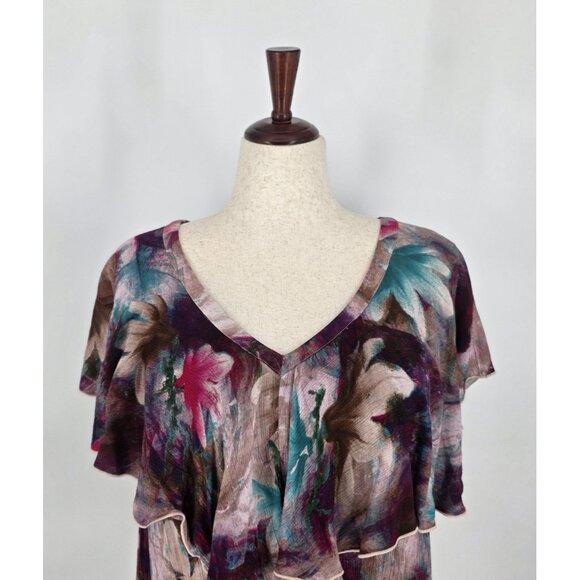 Soft Surroundings Dark Floral Crepe Tiered Maxi Dress Flutter Sleeves Womens 1X - Picture 3 of 10